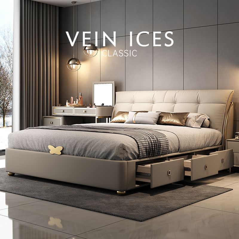 Madera maciza cama de cama grande cama de lujo ligera cama de cuero moderno y simple tipo pequeño cajón de borde de aire almacenamiento de cuero 1m8