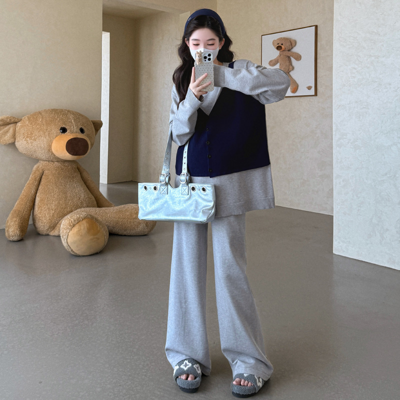 孕妇装秋冬季潮妈甜美减龄假两件拼接马甲针织阔腿裤慵懒宽松套装|undefined