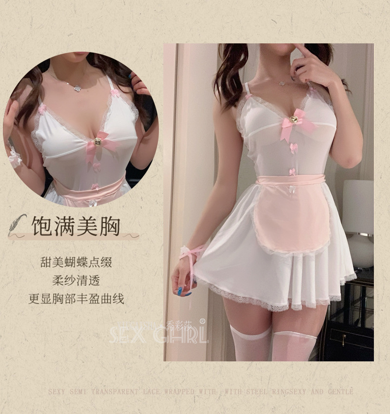 Kitten Maid Roleplay Lingerie Set with Apron, Thong, Cuffs and Open-crotch Stockings — detail image 5