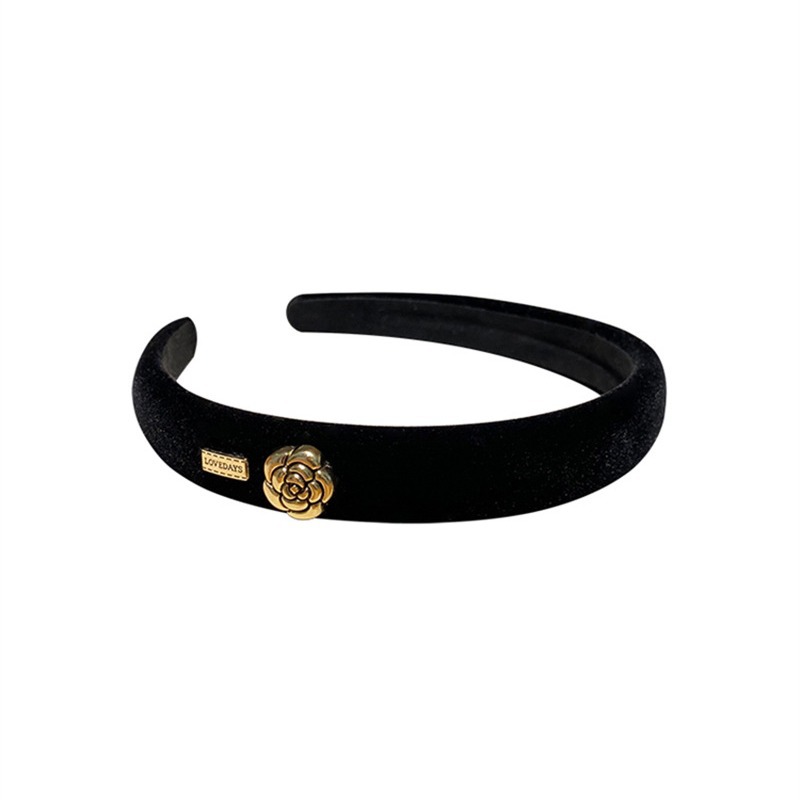 Fascia per capelli da donna in spugna di camelia in stile retrò francese, elegante e raffinata, con fermaglio nero a corona alta._voghion.com