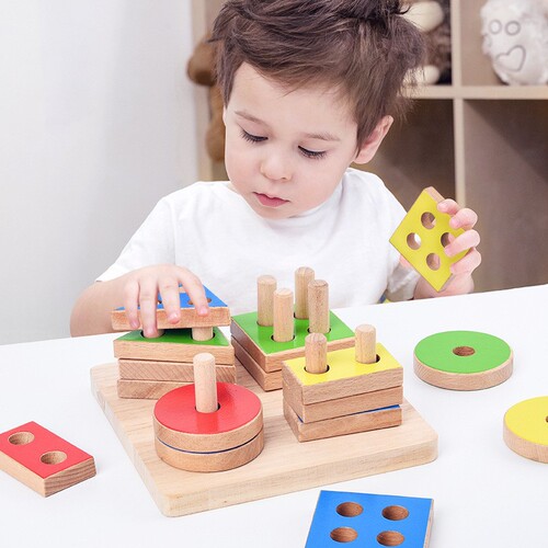 ohye Early Education Toys Children Beneficial for Intelligence Building Blocks Beech Wood Four Sets Column Geometric Shapes Color Recognition Stacking Tower