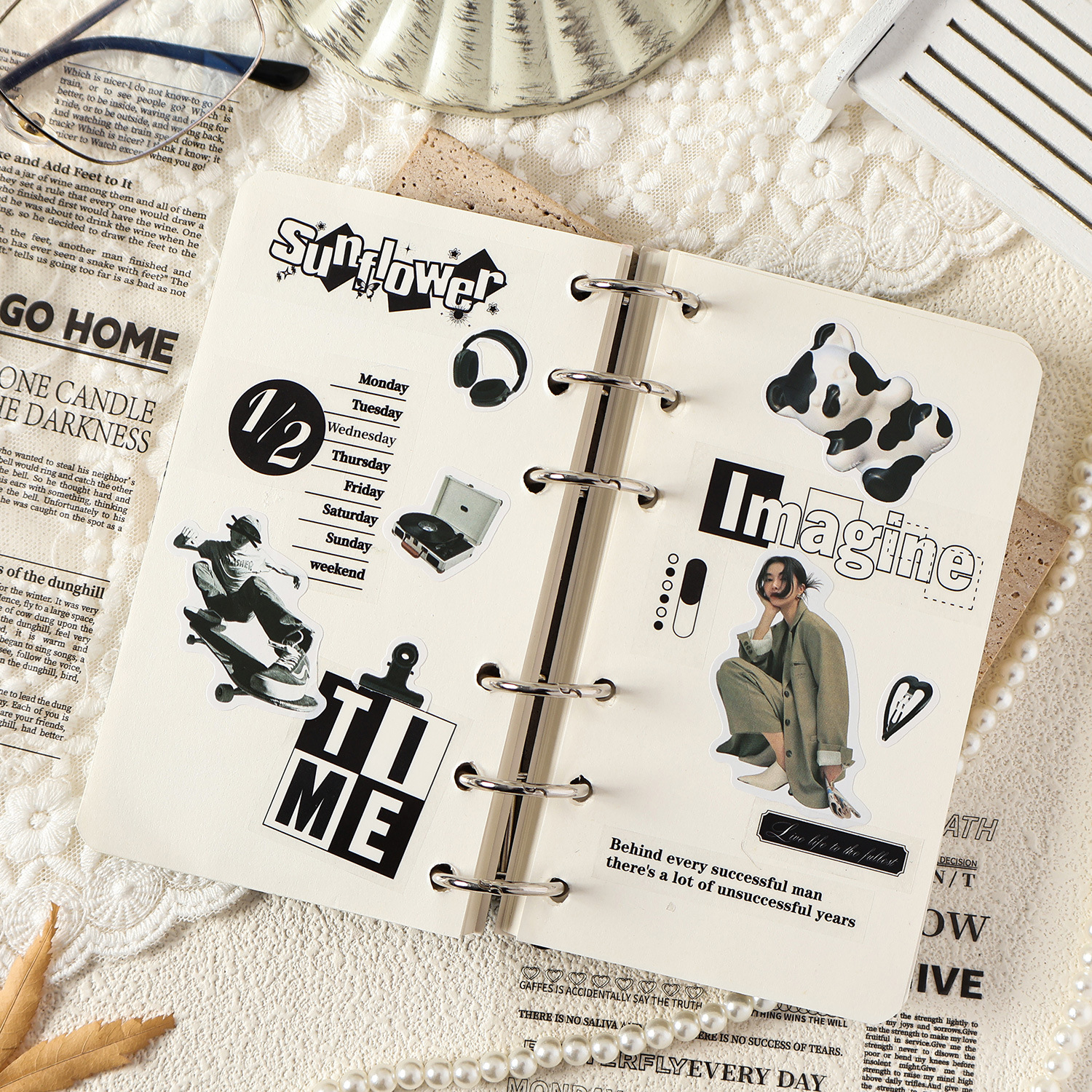 Old News Record Series Pegatinas de pet transparentes a prueba de agua Pegatinas de diario de bricolaje Pegatinas de letras negras en inglés transfronterizo