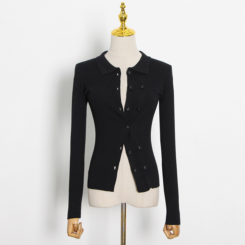 한국식 디자인 스웨터 2024 봄 신상 불규칙 더블 브레스트 라펠 솔리드 컬러 슬림 가디건 스웨터