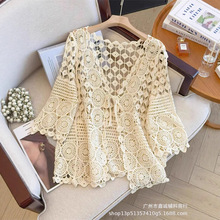 钩花镂空系带针织开衫女夏季新款波西米亚七分袖防晒上衣披肩外套