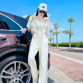 杏色连帽甜酷风拉链线条印花开衫短袖两件套女装潮流休闲裤一整套