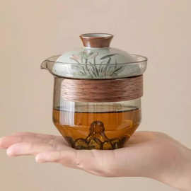 玻璃手绘戏荷盖碗茶杯大号单个高档不烫手抓壶一人功夫茶具泡茶壶