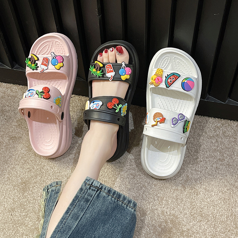 踩屎感厚底拖鞋女外穿夏季時尚雙帶diy可愛卡通涼拖鞋女防滑批發