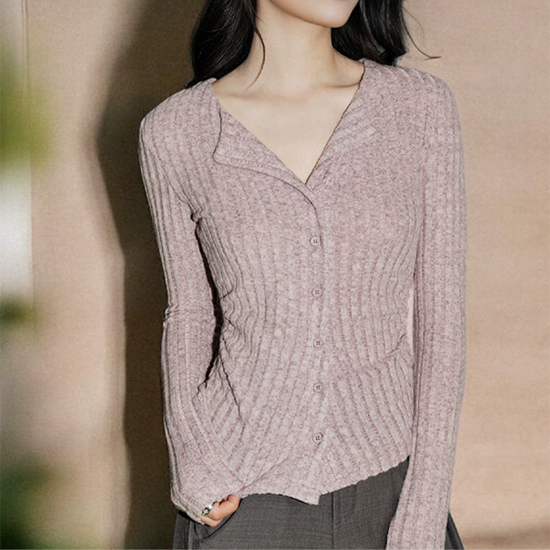 Pink V Neck Knitted Cardigan for Women 2025 Autumn and Winter Long Casual White Slim Fit French Pinch Waist Slit Top