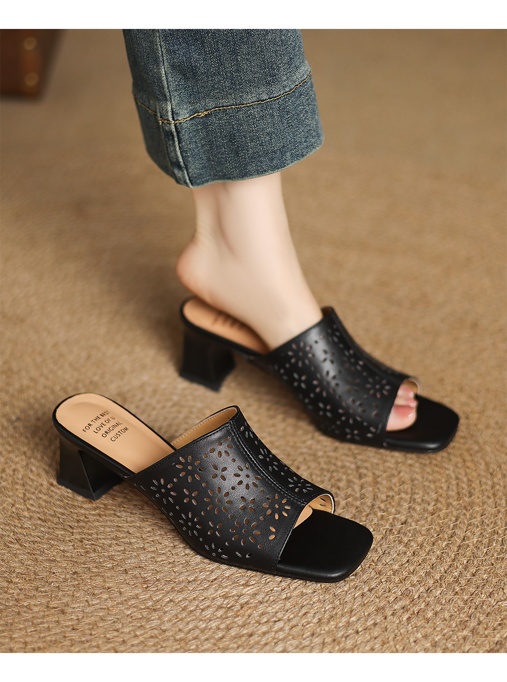 Sandal cao gót nữ hở mũi quai ngang da bò đục lỗ, gót 5 cm — đen chi tiết 12