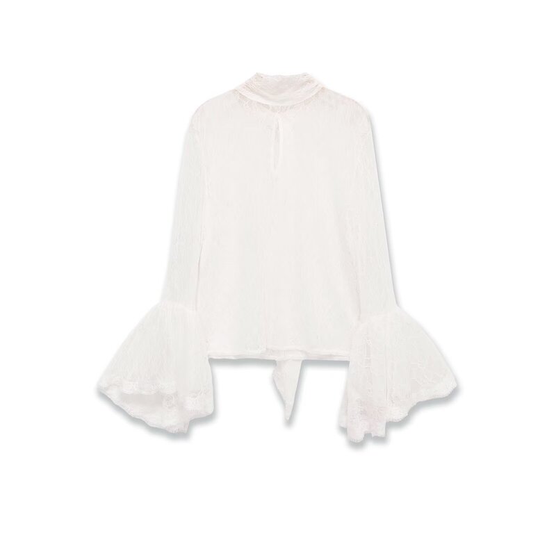 Cross-Border Foreign Trade Women's Clothing 2025 Autumn and Winter Fashion French Design Lace Splicing Bell Sleeve Sheer Shirt for Women Cross-Border Foreign Trade Women's Clothing 2025 Autumn and Winter Fashion French Design Lace Splicing Bell Sleeve Sheer Shirt for Women
