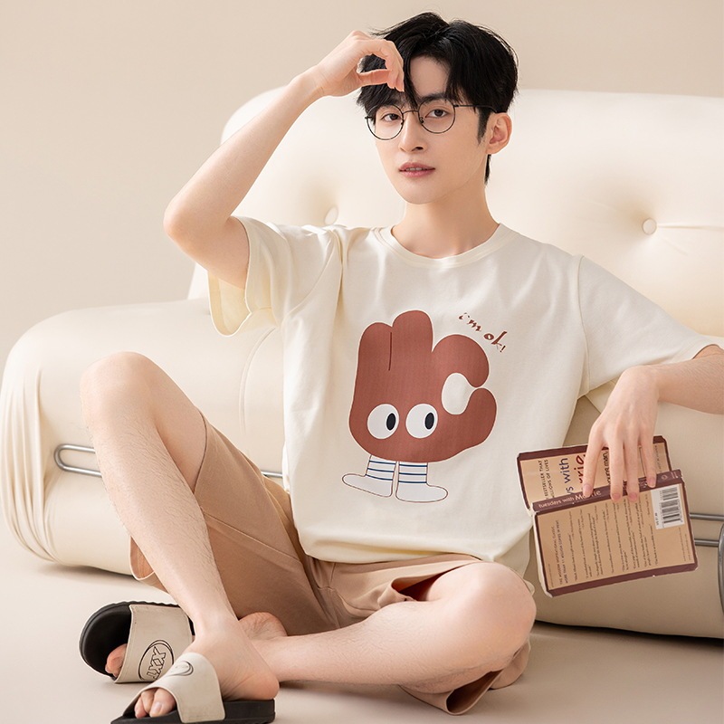Class A Bacteriostatic Short-sleeved Summer Pure Cotton Pajamas Men's Cartoon Shorts Loose plus size Middle and Adolescent Home Clothing suit Class A Bacteriostatic Short-sleeved Summer Pure Cotton Pajamas Men's Cartoon Shorts Loose plus size Middle and Adolescent Home Clothing suit