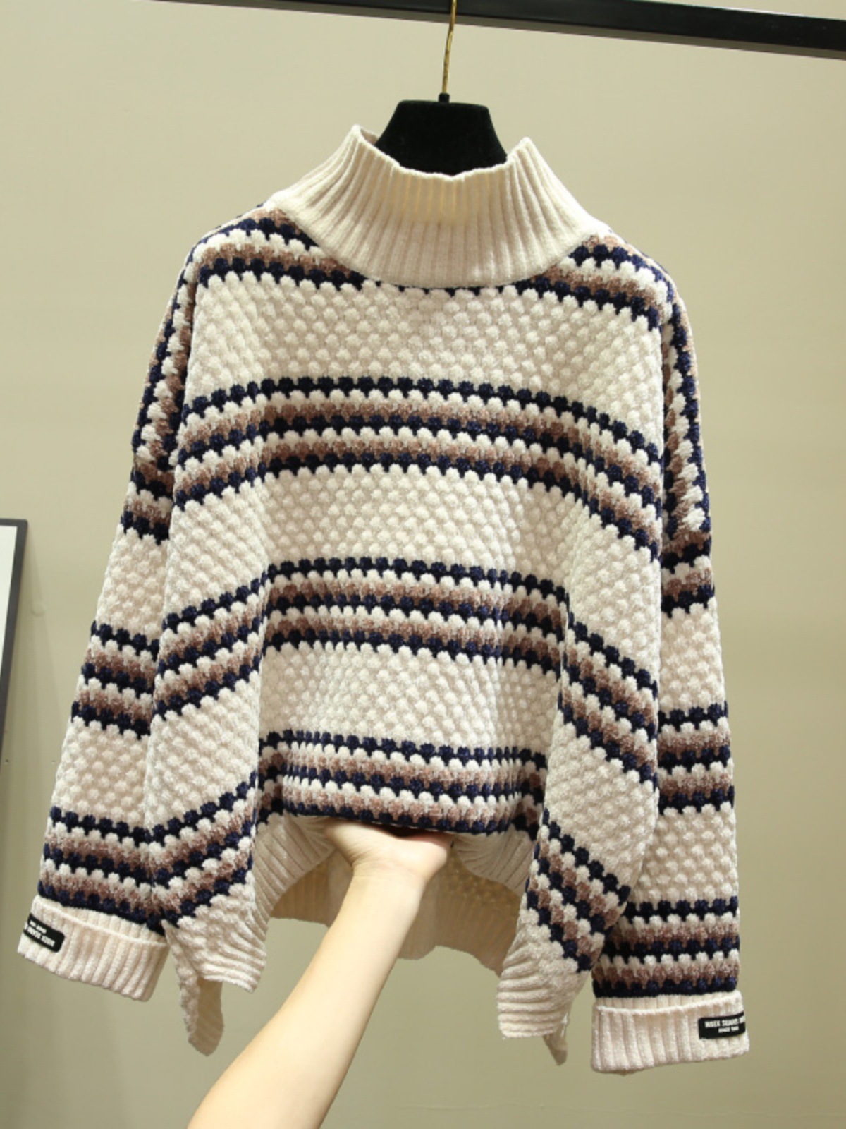 品牌折扣店正品女装剪标清仓特价半高领条纹毛衣女秋冬加厚针织衫