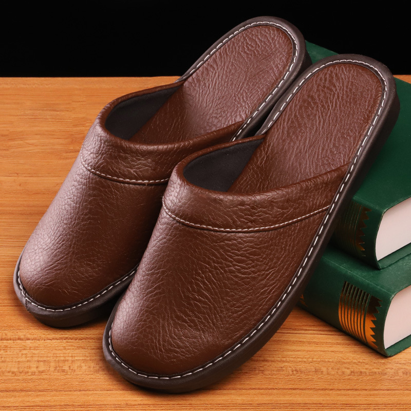 Spring and Autumn Lazy Four Seasons Leather Slippers Dressing Room Slippers Men's Couple Home Indoor Breathable Non-Slip Slippers Women