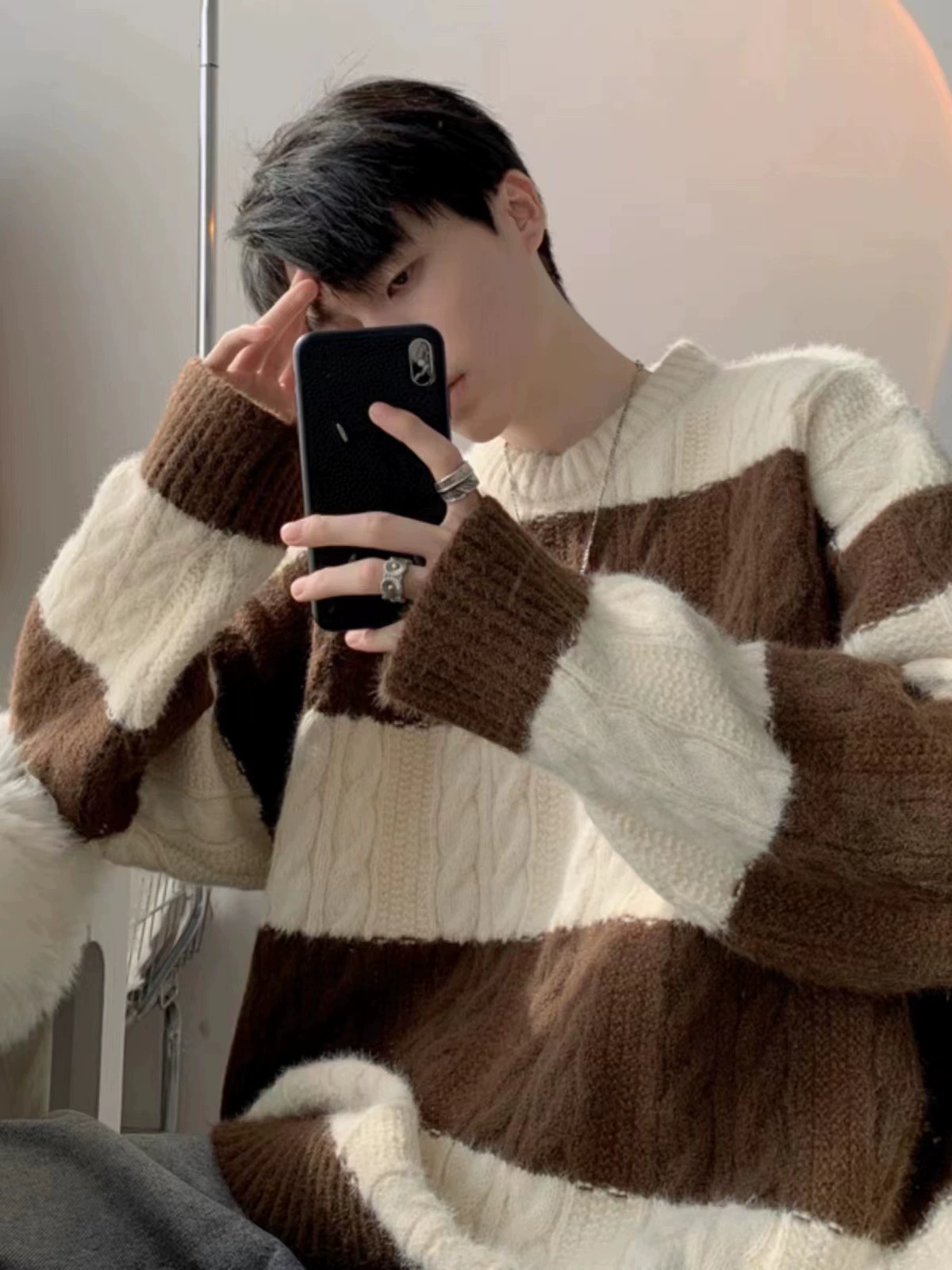 Winter sweater with a round collar, trend knitted jacket, increased thickness
