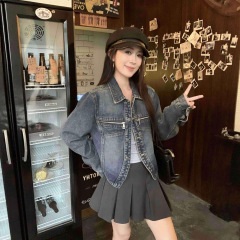 韩系口袋拉链牛仔外套女春秋新款水洗复古分割设计时髦上衣夹克