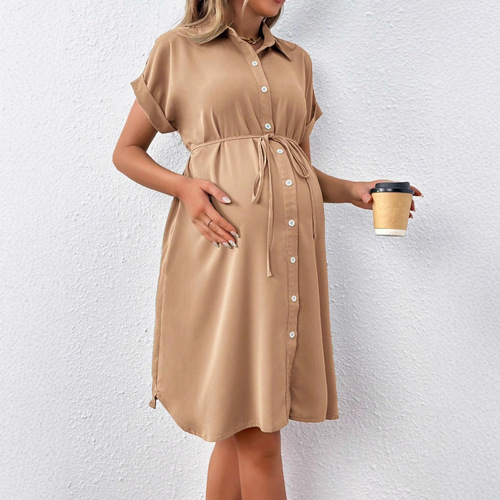 European and American maternity summer short-sleeve buttoned casual maternity skirt with stylish belt, maternity dress