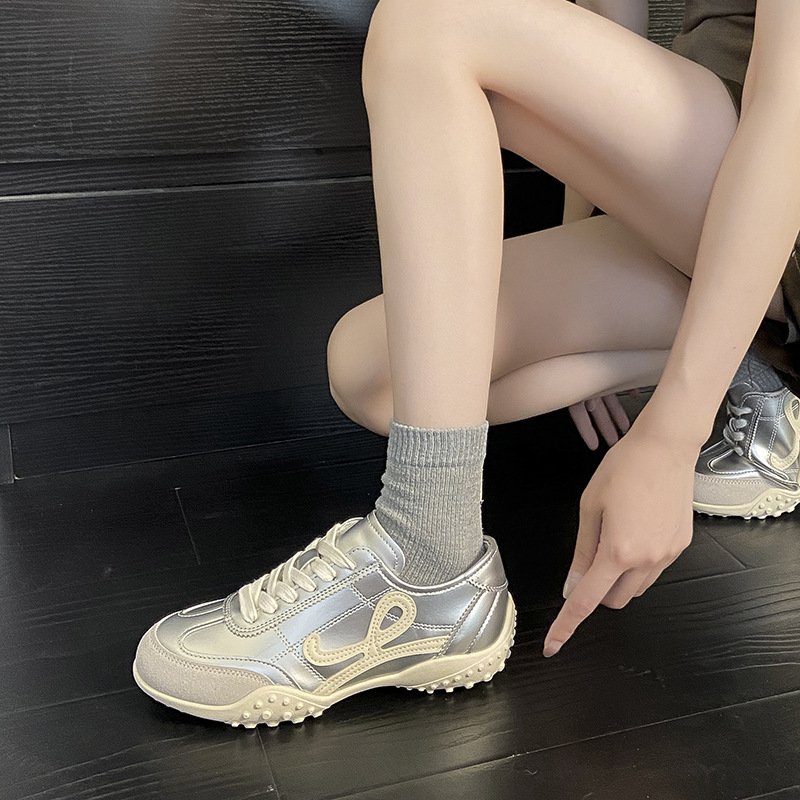 透气真皮厚底复古银色德训鞋女2025新款休闲百搭运动阿甘鞋|undefined