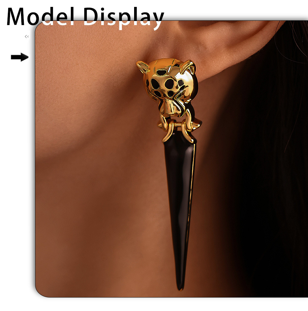 Fangtang Leopard Head Set With Zircon Triangle Tassel Exaggerated Earrings, Environmentally Friendly Material Personalized Earrings_voghion.com