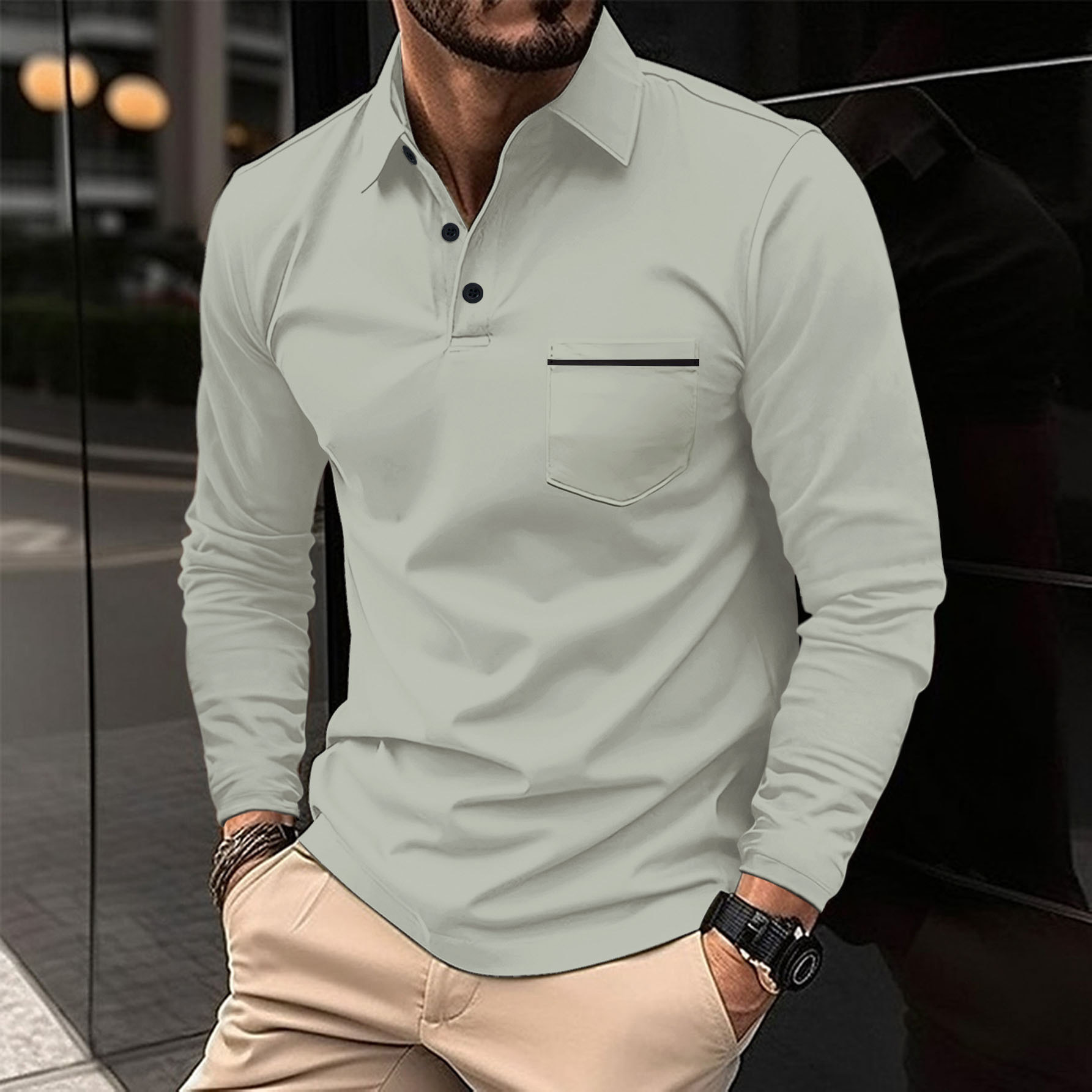 2024 Spring Long Sleeve V-neck Button Pocket Men's Casual Top_voghion.com