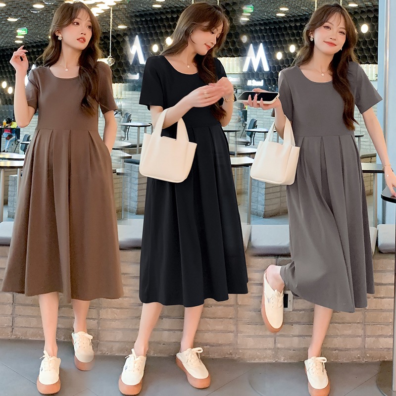 Maternity Wear Summer Skirt 2025 New Korean Style Fashionable Summer Sweet Age-Reducing Simple Pleated Maternity Dress