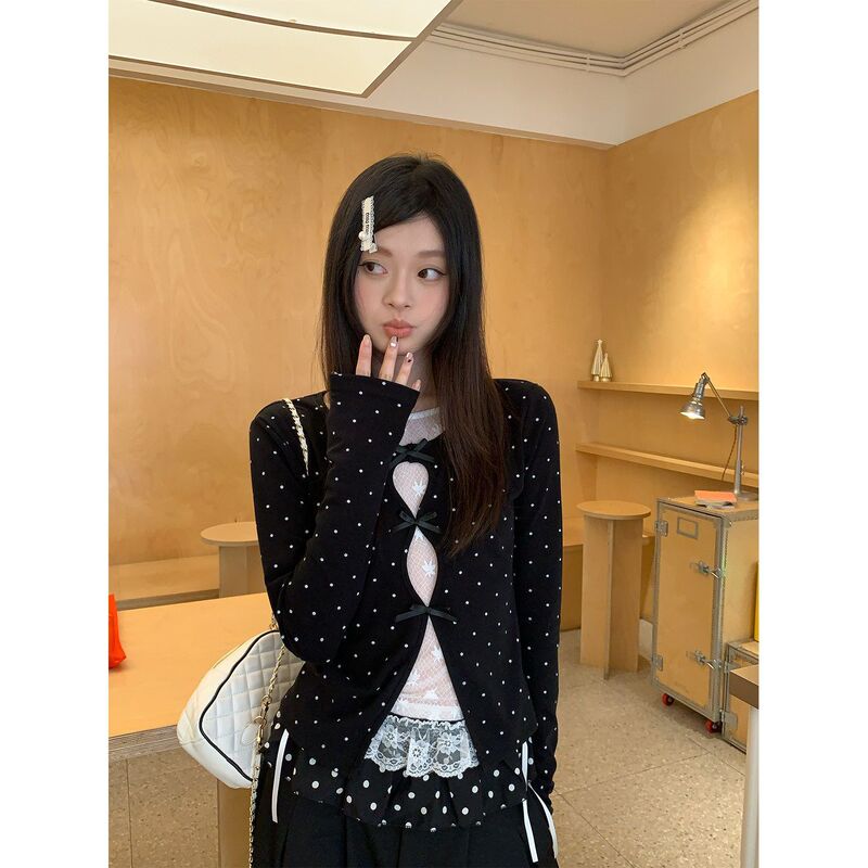 Pure Cotton Black and White Polka Dot Faux Two-Piece Lace Long-Sleeve T-Shirt for Women, Spring Korean Style Slim Fit Top Pure Cotton Black and White Polka Dot Faux Two-Piece Lace Long-Sleeve T-Shirt for Women, Spring Korean Style Slim Fit Top