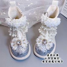 儿童靴子新款女童短靴2025春秋米白公主靴重工水钻时尚儿童马丁靴