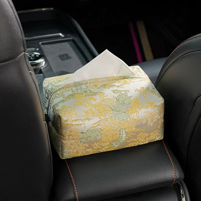 Ribbon, Car Cushion, Waist support - imitation-song-brocade-tissue-box-in-gold-color
