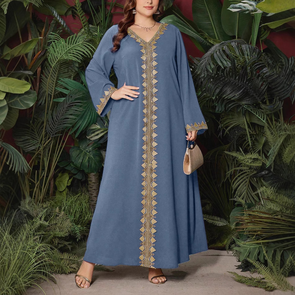 Ethno-Stil Damenkleid mit Stickerei, V-Ausschnitt, langen Ärmeln, lockerem Maxirock, Übergröße, exotische Herbstmode_voghion.com