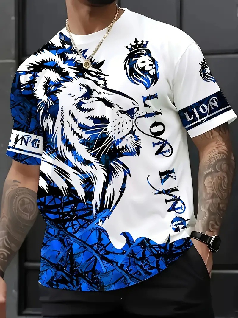 Moda todo fósforo colorido león KING lema estampado 3D hombre suelto transpirable manga corta hombro recto cuello redondo camiseta