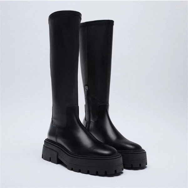 Winter black leather high boots platform