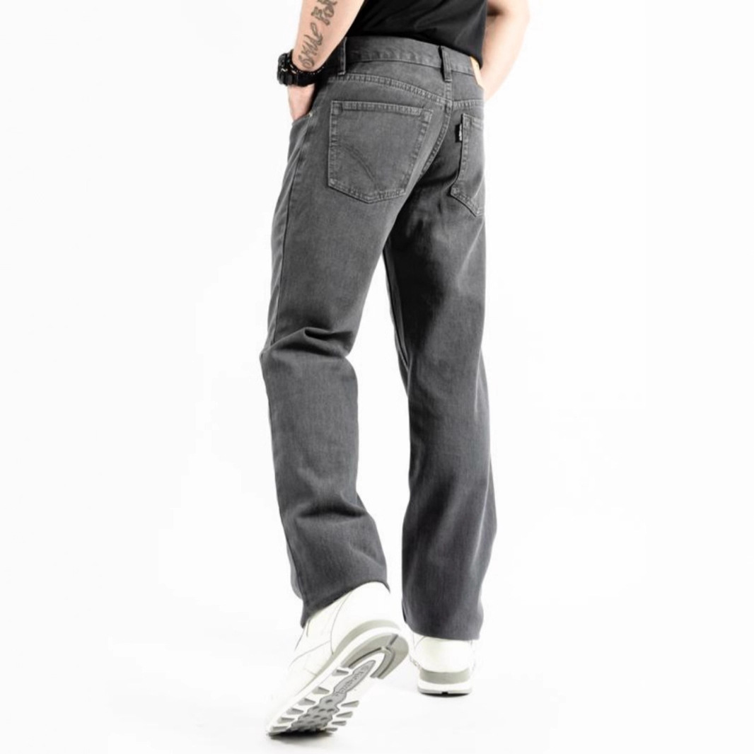 Cleanfit Herren-Jeans mit geradem Bein, grau, lässige Hose, mittelschweres Stretchmaterial, amerikanischer High-Street-Trend 2025_voghion.com