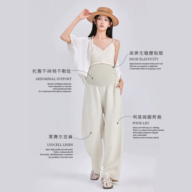 Loose straight-leg maternity pants for spring and summer, thin cotton-linen belly support pants, comfortable straight-leg pants for pregnant women, plus size