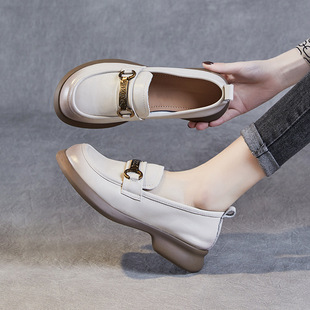 Genuine Leather Women's Shoes 2024 Spring New Slip-On Soft-Soled Loafers Cowhide Round-Toe Fasteners Casual Small Leather Shoes