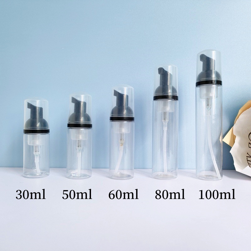 30 dientes PET mousse transparente botella 30ml100ml limpiador facial espuma botella champú espuma botella de pie en stock