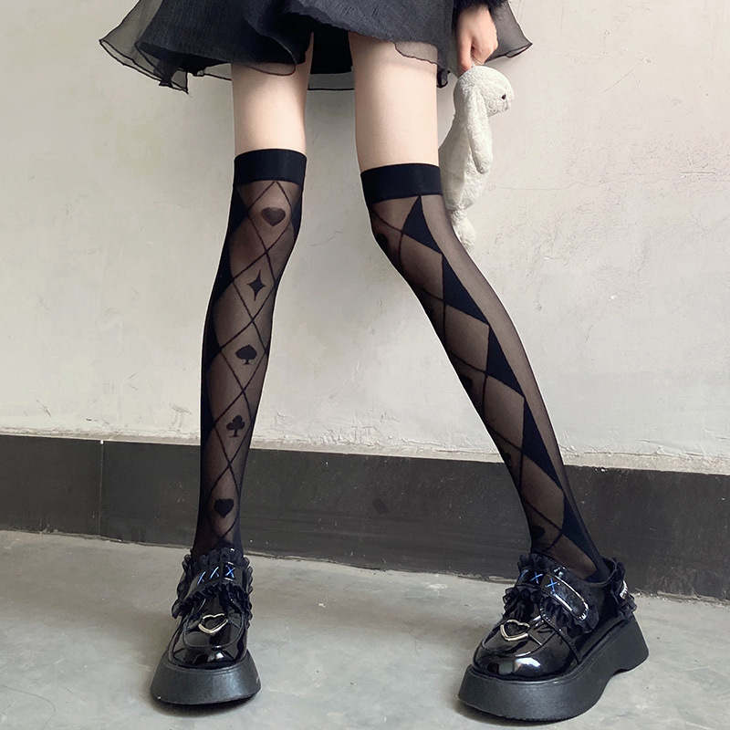 Over-the-knee stockings women's ultra-thin high stockings thigh black silk poker pattern jk tide socks hot girl black transparent meat spring and autumn Over-the-knee stockings women's ultra-thin high stockings thigh black silk poker pattern jk tide socks hot girl black transparent meat spring and autumn