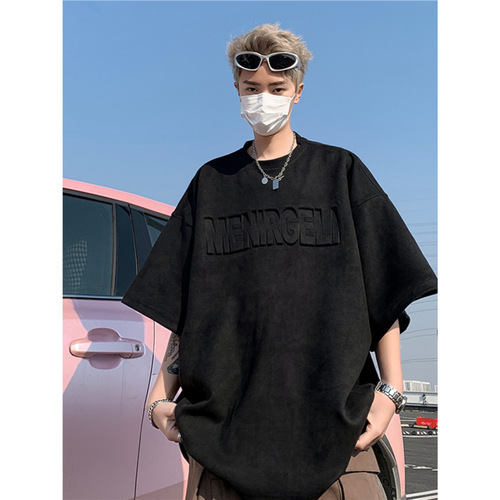 Pink Deer Skin Fleece Short-Sleeve T-Shirt for Men - Summer American Heavyweight Steel Print Retro Base Layer Loose Casual Half-Sleeve Tee