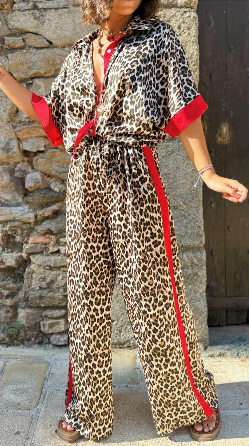 455g Weight Half Sleeve Sleeve Length Spandex, Polyester Fabric Type Pant Co-ord Set Sets Type 2 Pieces Set Quantity Holiday Occasion Holiday Women's Vacation Simple Style Leopard Spandex Polyester Pant Co-ord Set Pants Sets