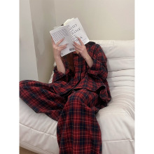 2025新款复古撞色格纹翻领睡衣女春秋季新款舒适外穿家居服两件套