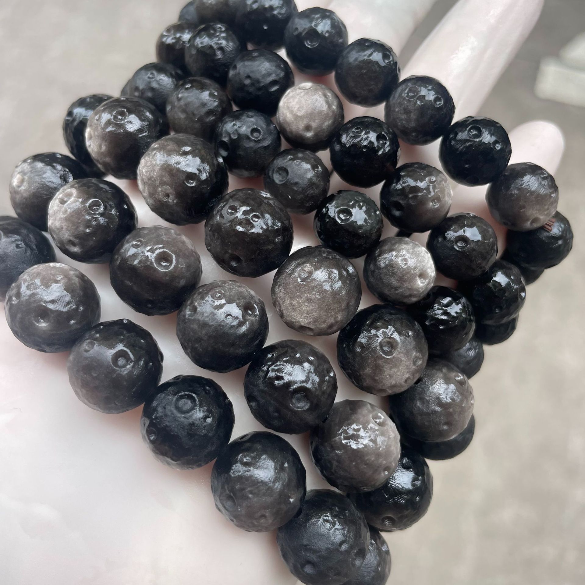亚马逊天然银曜石星球珠不规则圆形陨石手链DYI任意搭配串珠现货