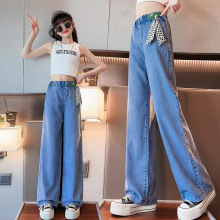 中大女童天丝牛仔裤夏季薄款2025新款阔腿裤洋气显瘦长裤