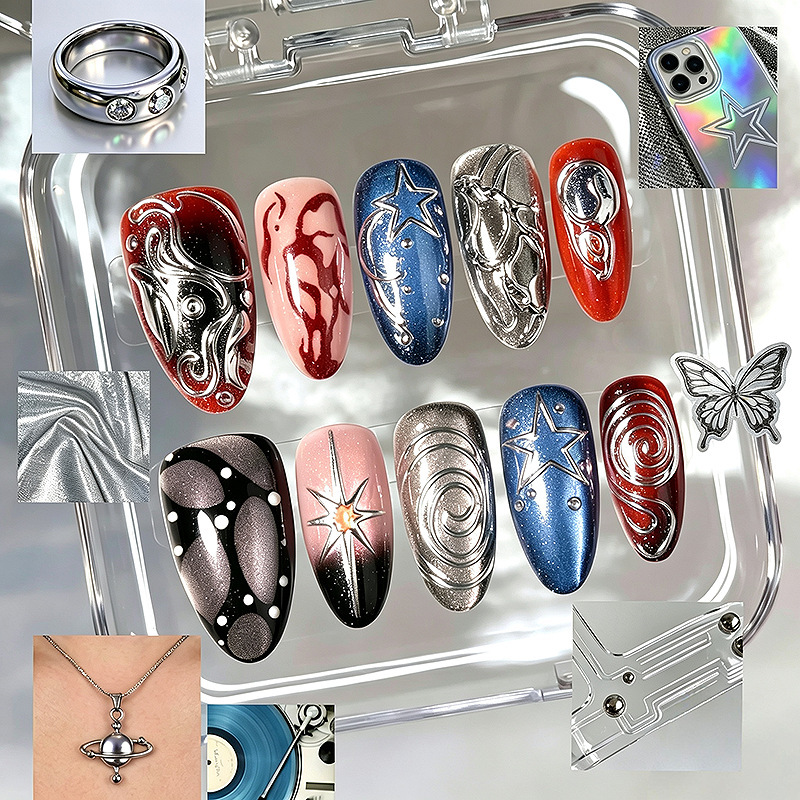 30 pieces of sweet and cool star and moon silver-plated nail art with metallic swirls, pre-made false nails in a dark aesthetic, almond-shaped nail tips