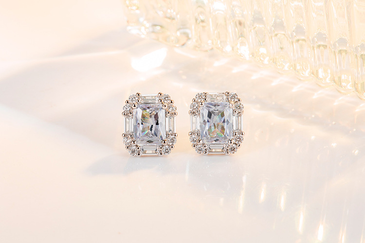 Retro Rectangle Copper Ear Studs Plating Zircon Copper Earrings 1 Pair