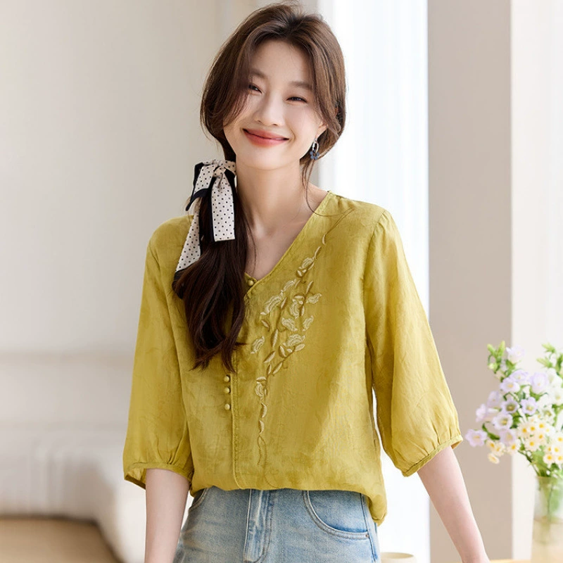 Женская летняя рубашка с V-образным вырезом и короткими рукавами, новая модель 2025 года, свободного кроя в ретро-стиле, в западном стиле.