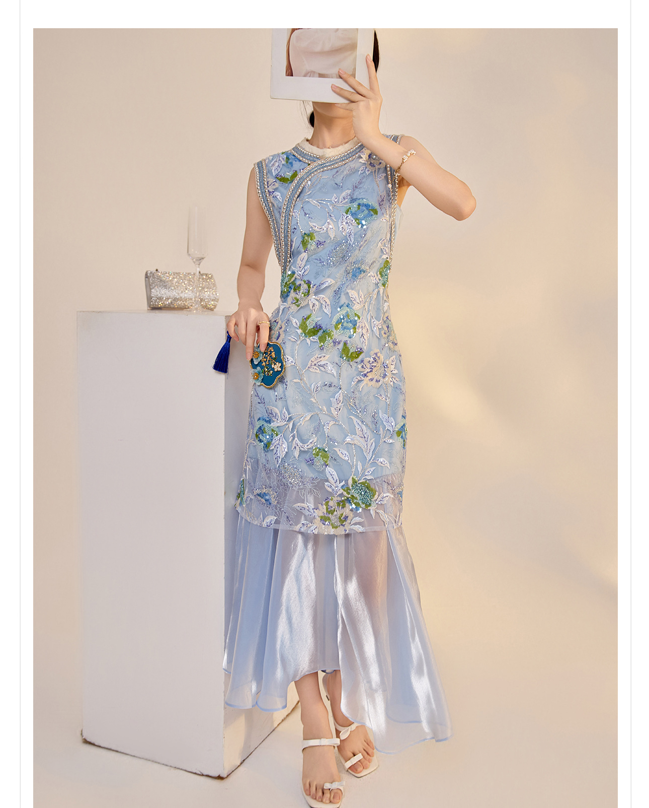 Váy sườn xám maxi thêu sequin phong cách Trung Quốc mới mùa hè N5042 — hồng, Xanh lam sông băng chi tiết 16