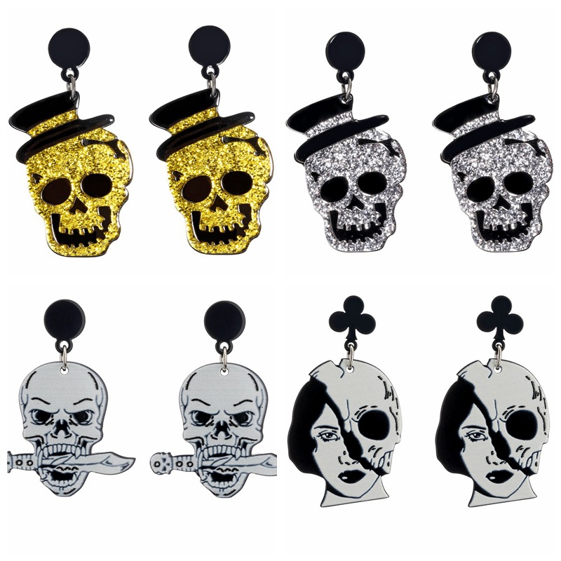 Nuevo Halloween brillante sombrero cráneo pendientes de acrílico pendientes de costura de personalidad de la moda pendientes