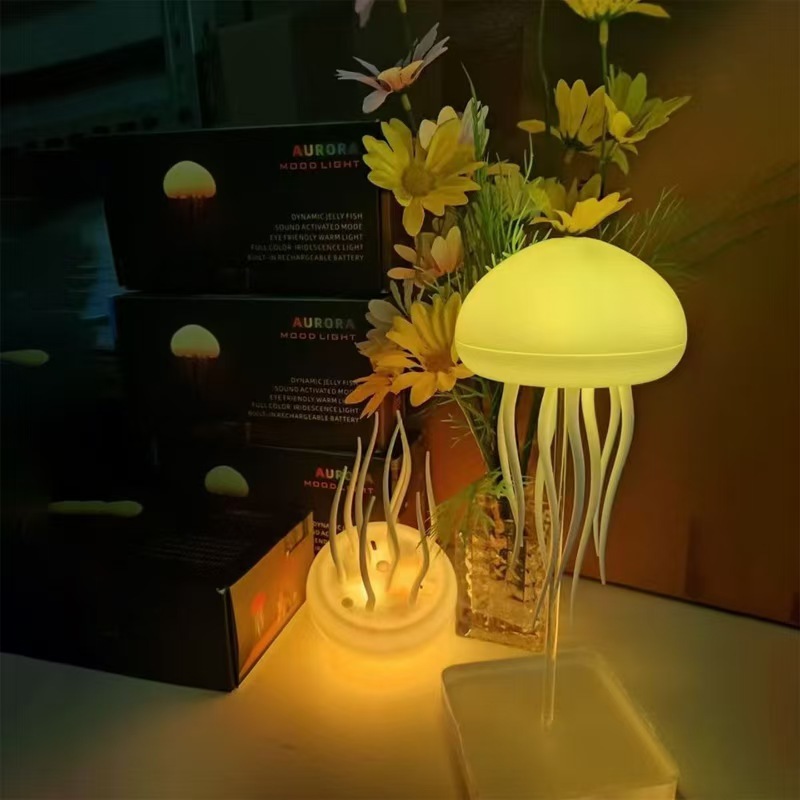 新款声控水母灯创意感应摆件礼物卧室用氛围小夜灯悬浮触脚|undefined