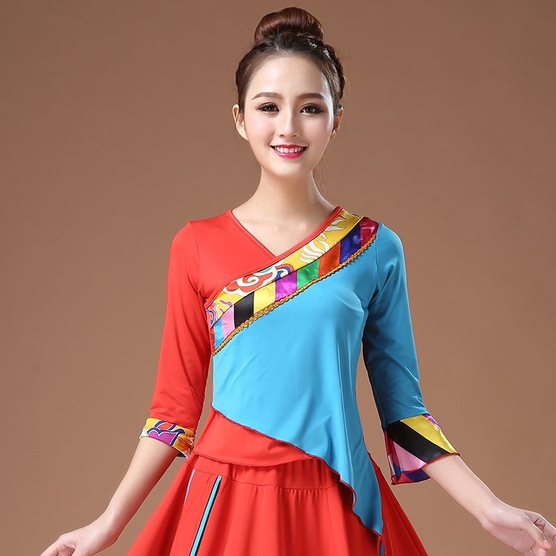 藏族舞蹈服装女新款广场舞上装中袖民族风舞跳舞练功衣表演演出服