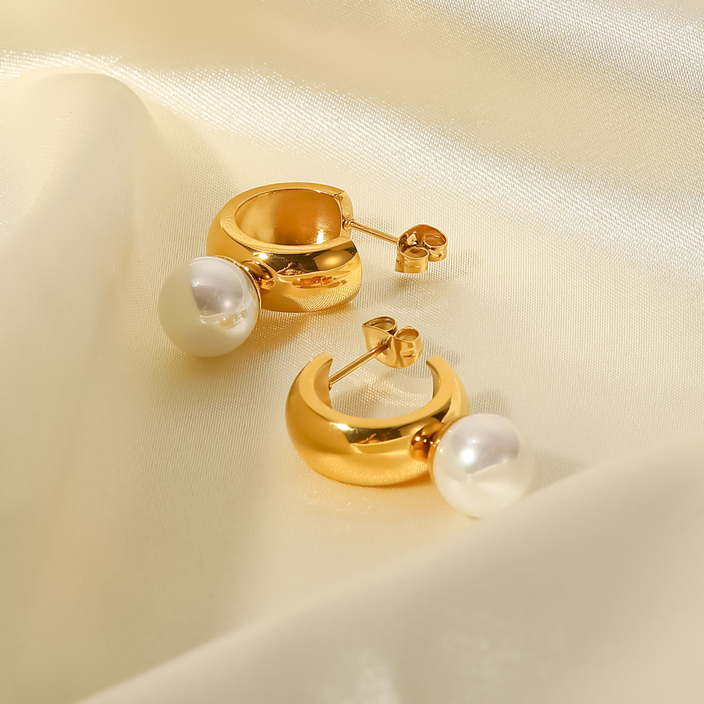 Fashion C Shape Stainless Steel Ear Studs Gold Plated Inlay Pearl Stainless Steel Earrings