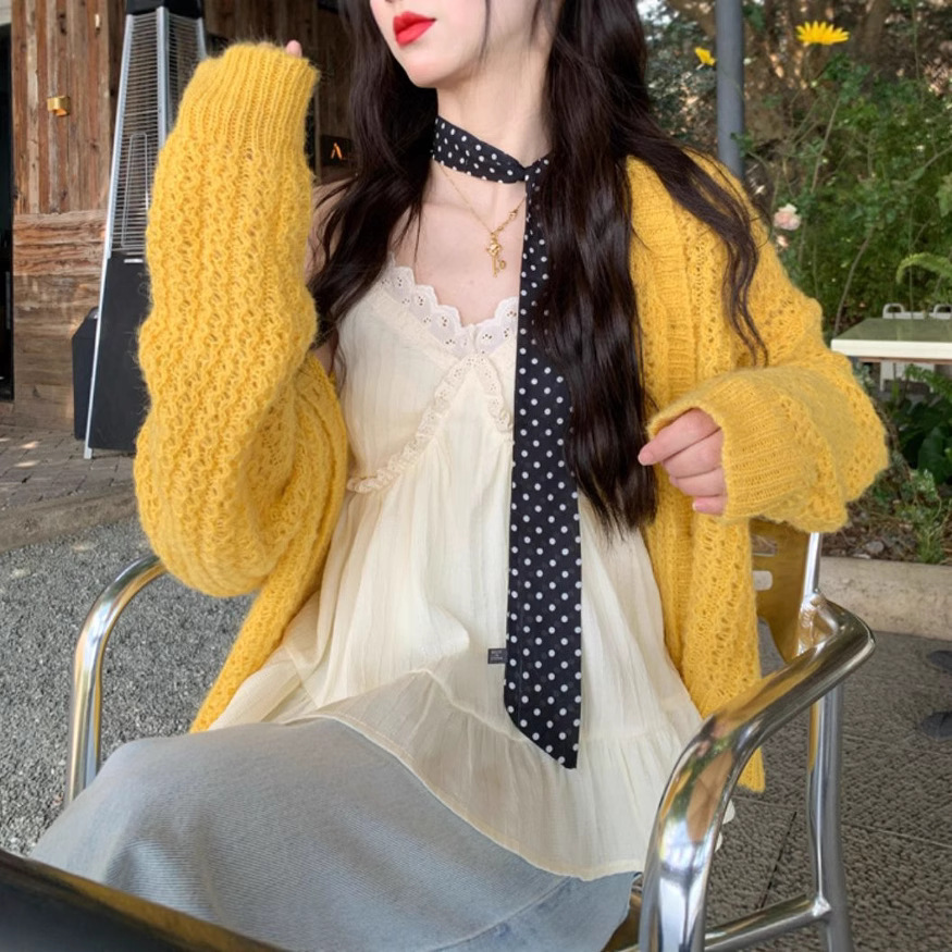 Cardigan de punto francés delgado agujero nuevo abrigo de moda perezoso a principios de otoño suelto y delgado