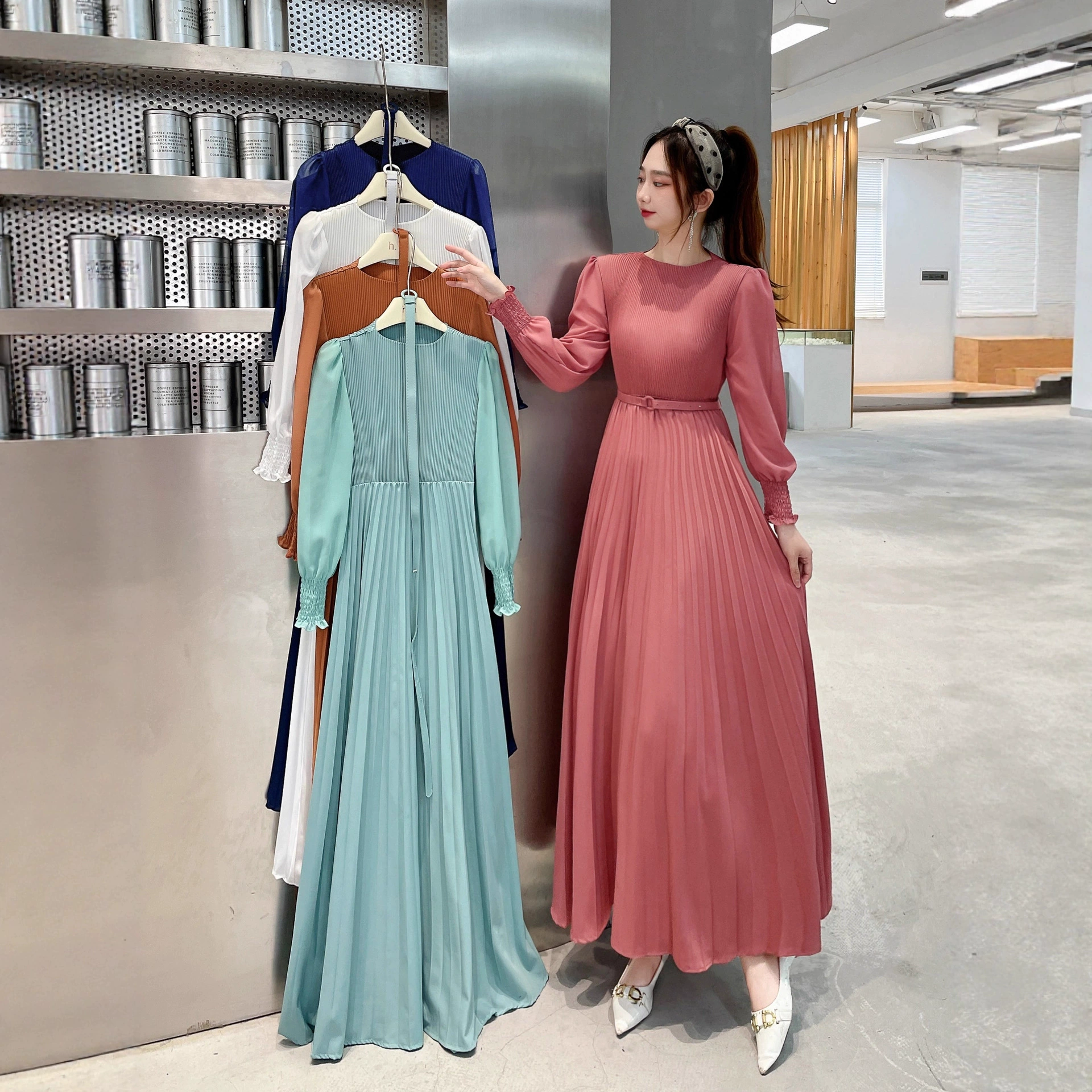 9736 сплошной цвет эластичной талии шить платье